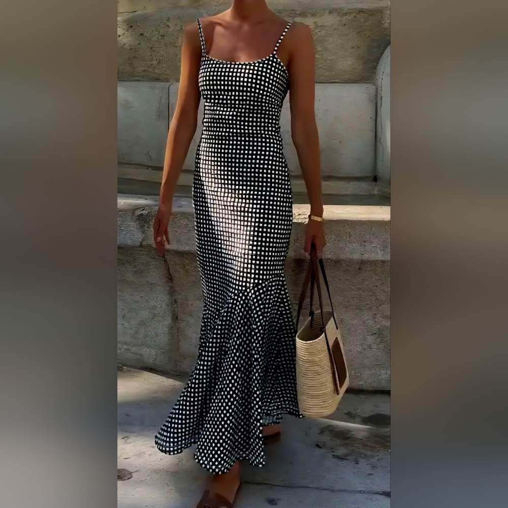 Black & White Gingham Spaghetti-Strap Maxi Dress